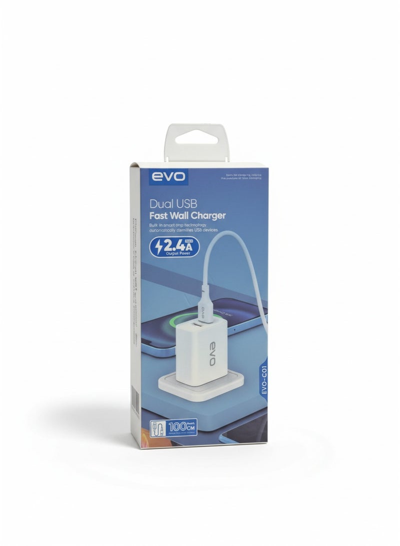 إيفو شاحن جداري مزدوج بمنفذي USB من طراز C01، مزود بمخرج سريع بقوة 2.4 أمبير، وتقنية شحن ذكية، ويتضمن كابل USB إلى Type-C بطول 100 سم، بتصميم صغير الحجم ومتين، يوفر طاقة آمنة وفعالة للهواتف الذكية والأجهزة اللوحية والعديد من الأجهزة الأخرى. - Image 2
